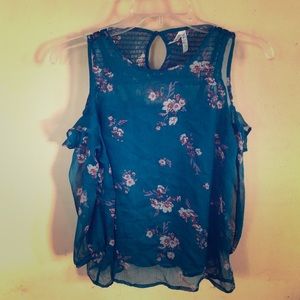 🌸 Girl’s Teal and Floral Cold Shoulder Top